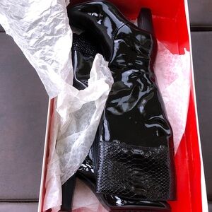 Coach Black Patent Mid-Calf Heeled Boots with Textured Cuff